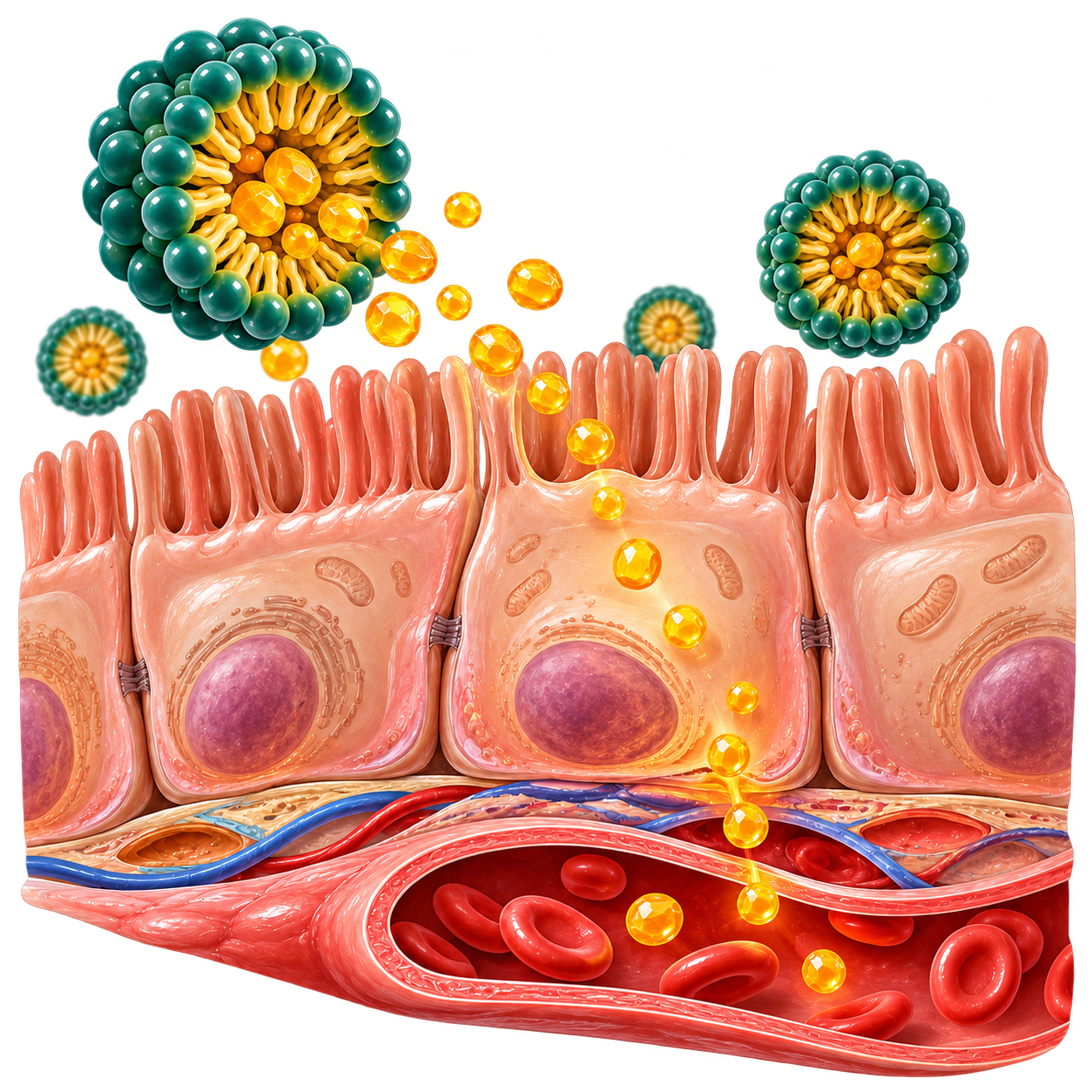 Absorción de moléculas a través del epitelio intestinal hacia un capilar
