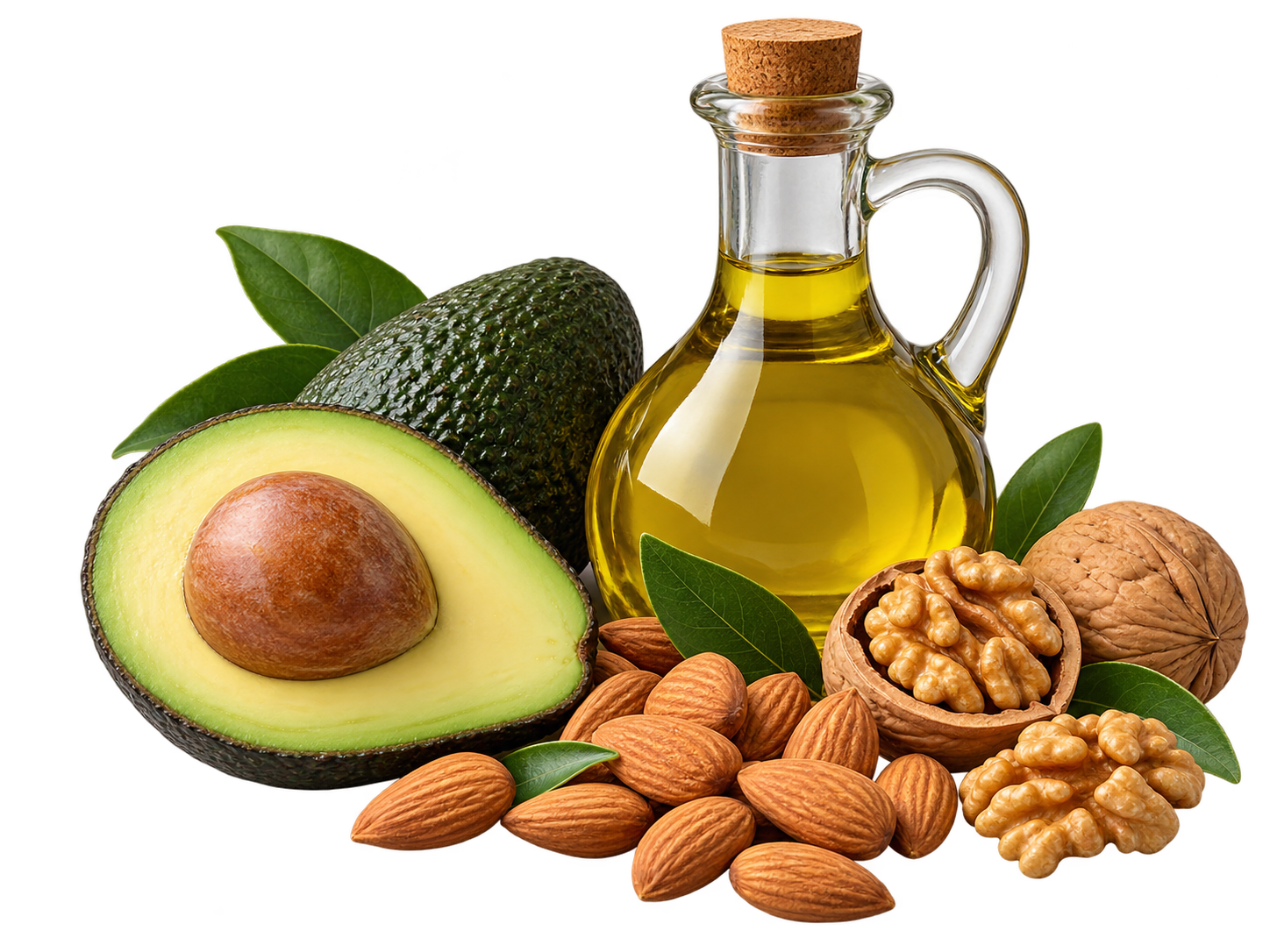 Aguacate, aceite de oliva, almendras y nueces