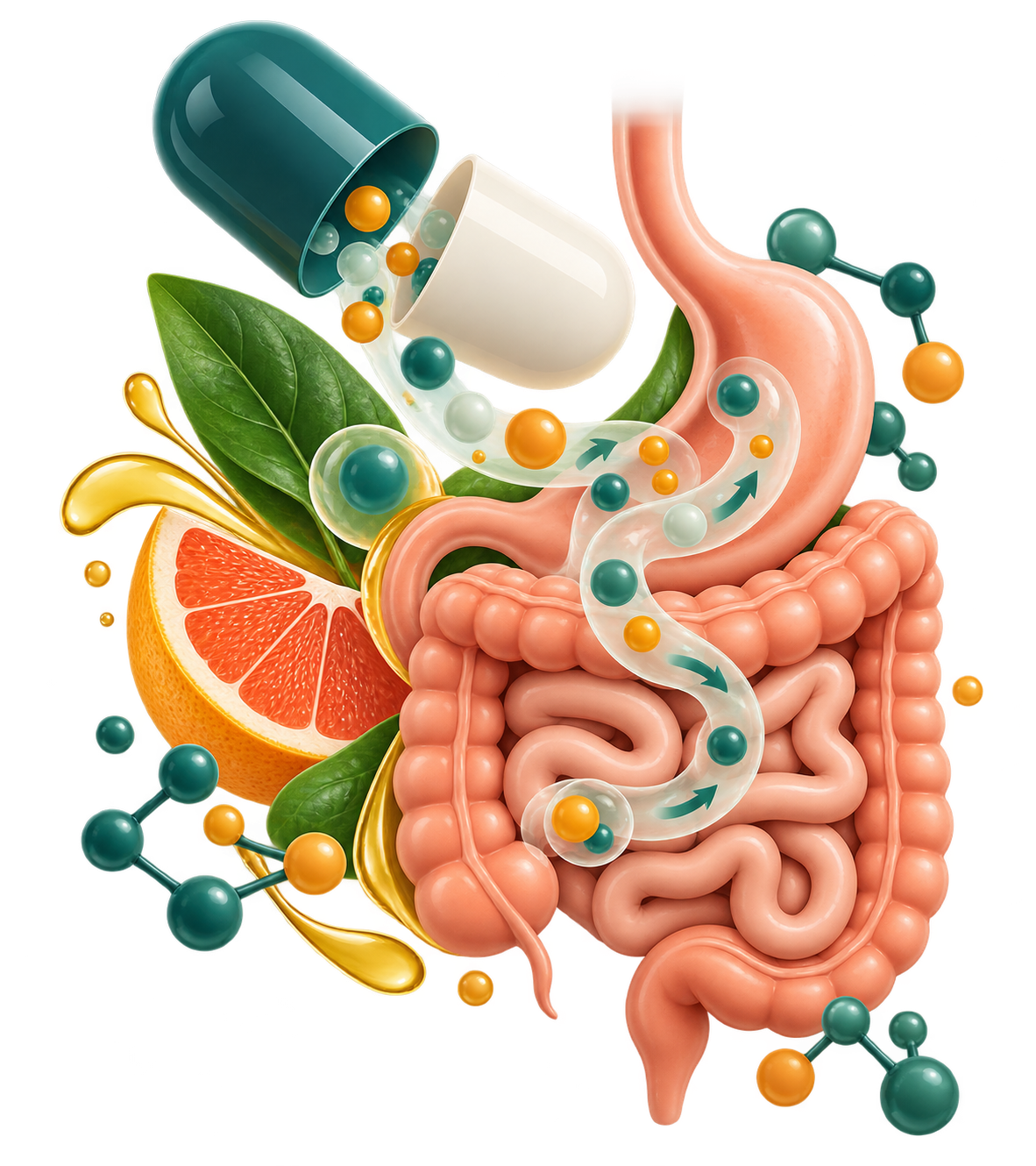 Cápsula junto al sistema digestivo, moléculas y alimentos