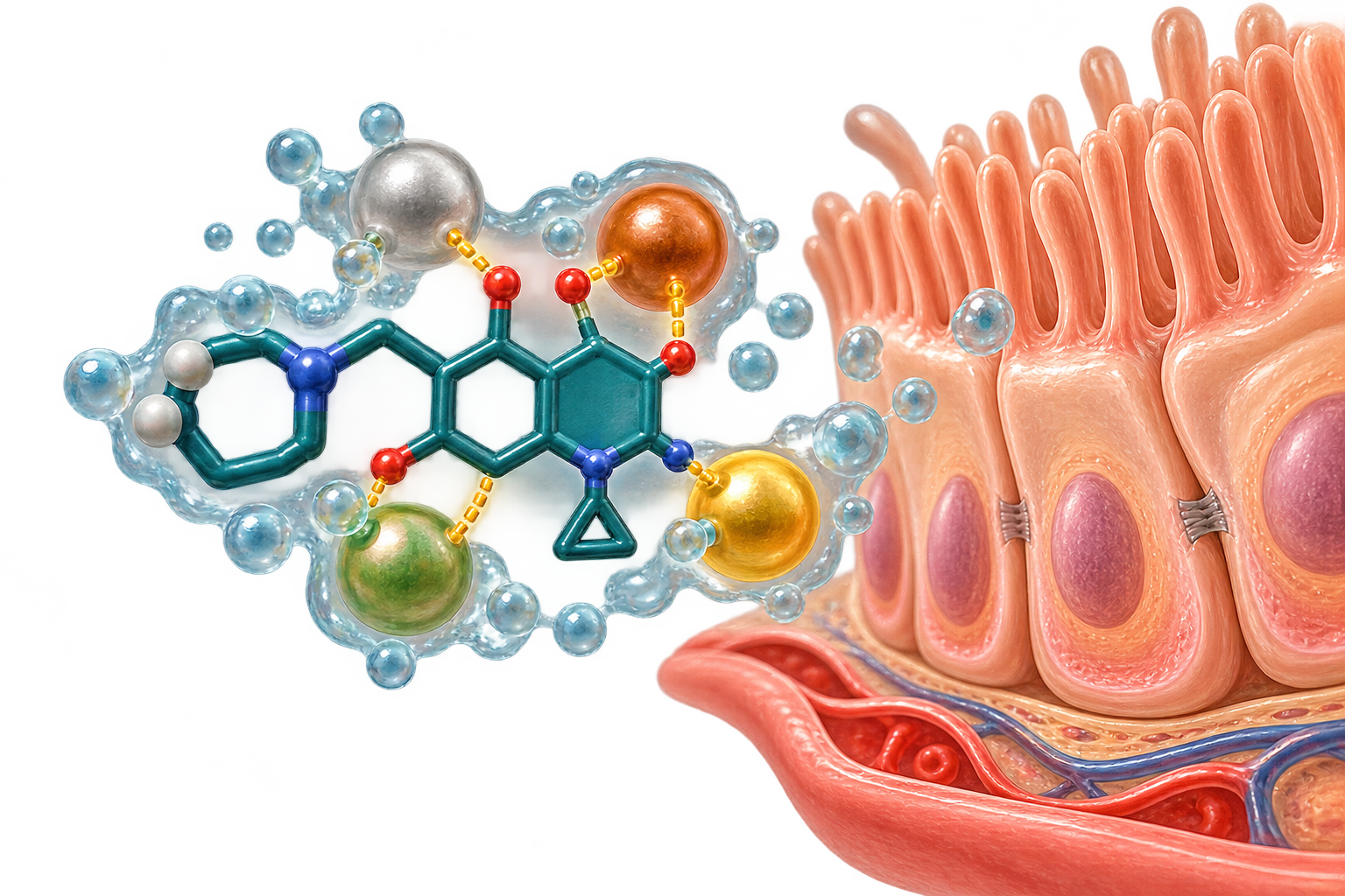 Complejo de ciprofloxacino y minerales que no atraviesa fácilmente el epitelio intestinal