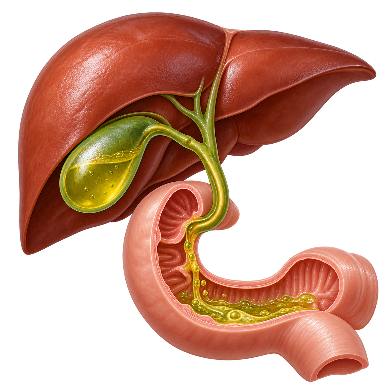 Hígado, vesícula biliar y flujo de bilis hacia el intestino